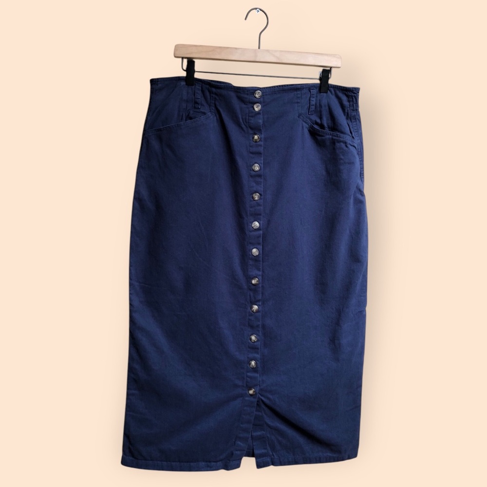 Vintage 90s Boundary Waters Cotton Navy Blue Button Front Skirt Casual Women 14